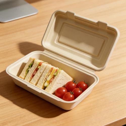 Compostable food to go containers with lids 9x8 Inch Takeout Lunch Box Containers with Lid To Go Take Out Clamshell for Food, Disposable Eco-Friendly Biodegradable bamboo, PFAS-Free, Brown (100) - Thumbnail 6