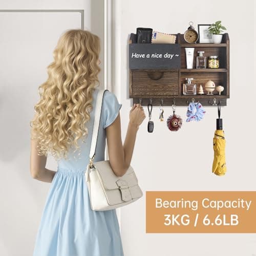Key Holder Wall Mount, 14.5x11.2x3.5'' Larger 3-Tier Shelf 8 Hooks Drawer Storage,Wooden Key and Mail Holder for Wall,Farmhouse,Home,Living Room,House,Office Decor,Hats,Bag,Dog Leash Hanger Organizer - Thumbnail 6