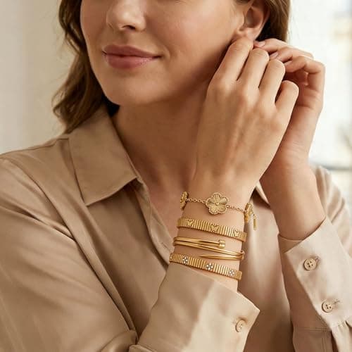 Stackable Gold Bracelets for Women - 4 Sets, 18K Gold Plated Bracelets, Stainless Steel Bangle Bracelets Non-Tarnish, Stylish Gold Jewelry Ensemble, Valentine's Day, Birthday and Christmas Jewelry Gifts - Thumbnail 4