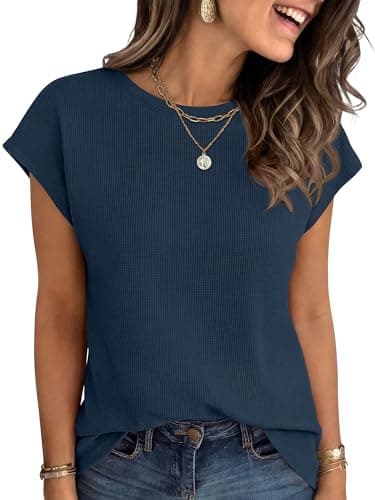 ANRABESS Womens Waffle Knit Cap Sleeve T Shirts Summer Casual Tops Basic Tee Work Blouses 2026 Spring Vacation Clothes Navy Blue XX-Large - Image 1