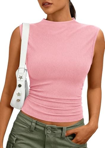 PRETTYGARDEN Sleeveless Tops for Women Ribbed Mock Neck Tank Top Slim Fitted Ruched Basic Layering Shirts 2026 Summer Clothes (Pink,Large) - Image 1