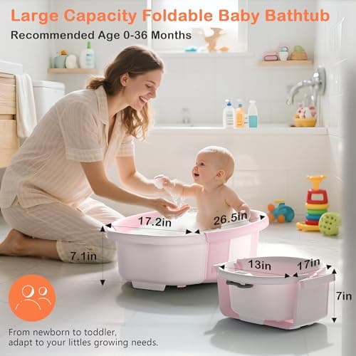 Collapsible Baby Bathtub - Large Baby Bath Tub with Thermometer & Cushion | Travel Portable Newborn Infant Bathtub | Foldable Toddler Bathtub for Baby 0 to 36 Months (Pink) - Thumbnail 3