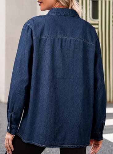 Dokotoo Long Sleeve Shirts for Women Casual V Neck Button Down Denim Tops Cowgirl Outfits Classic Collared Chambray Jean Western Shirt Rhinestone Top Cowboy Shirts Jean Blouses for Women Navy Blue M - Thumbnail 2