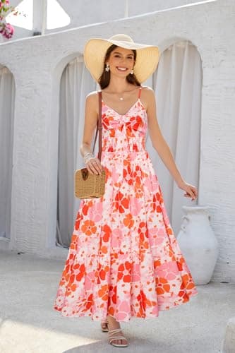 Women's Summer Casual Boho Dress Floral Print Ruffle Sleeveless High Waist Maxi Beach Dresses - Thumbnail 3