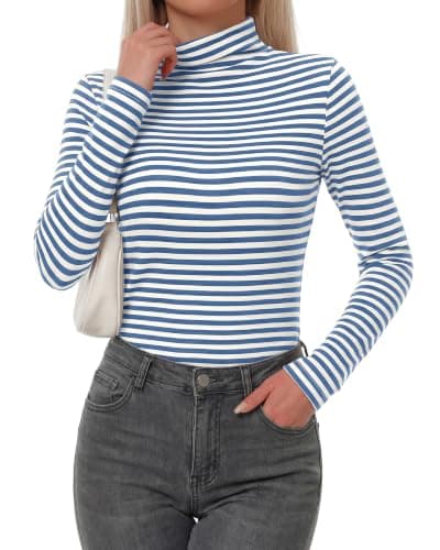 BTFBM Long Sleeve Shirts for Women Turtleneck Striped Shirt Lightweight Basic Thermal Underwear Tops 2026 Fall Fashion(Light Blue White, Small) - Thumbnail 4