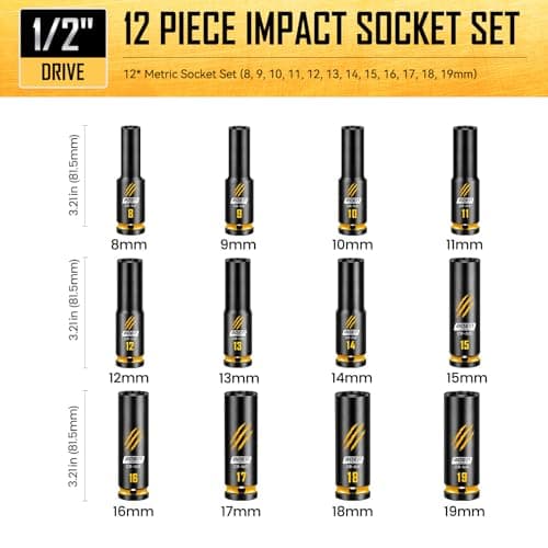 BOEN 12-Piece 1/2" Drive Deep Impact Socket Set, Metric Sockets (8-19mm), 6-Point CR-MO Steel with Deep Embossed and Painted Marking - Thumbnail 2
