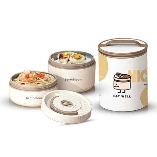 BentoBloom Bento Box Adult — Round Stackable Lunch Box for Women (450ml & 600ml) with Insulated Carry Bag | 304 Stainless Steel Removable Inserts | Microwave & Dishwasher Safe, White - Image 1