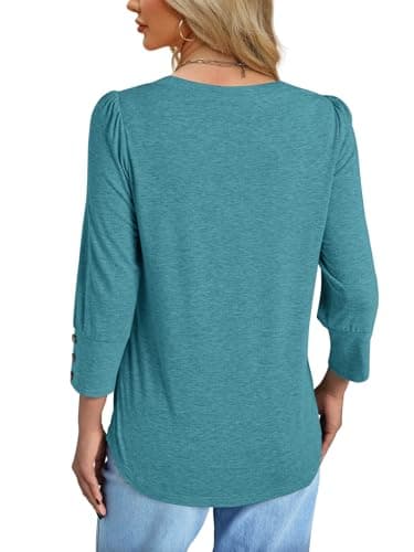 NORACORA Blouses for Women Dressy Casual 3/4 Length Sleeve Womens Tops V Neck T Shirts with Smocked Cuffs with Buttons Spring Summer Outfits Cyan XL - Thumbnail 5