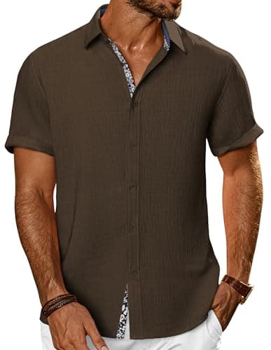 PJ PAUL JONES Men's Button Down Short Sleeve Shirt Casual Summer Beach Textured Wedding Shirts Dark Brown - Image 1