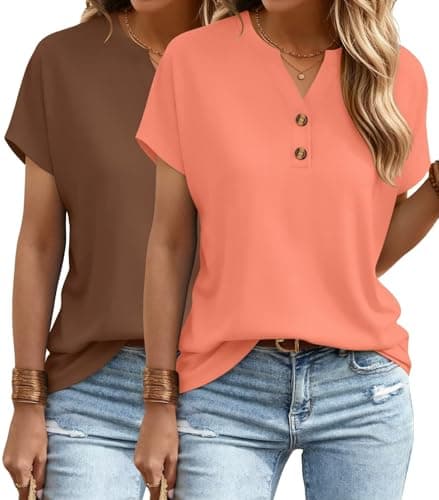 INNOVATOP 2 Pack Womens T Shirts V Neck Short Sleeve Henley Tops Work Business Casual Blouses Summer Dressy Casual Clothes - Image 1
