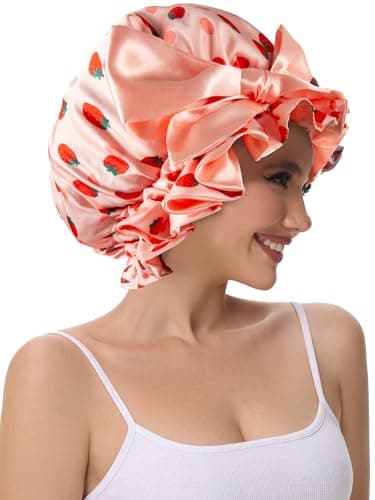 Vettres Silk Bonnet for Sleeping Women, Satin Hair Shower Cap 2025 Tie Band Adjustable Straps Head Wrap for Curly Hair Strawberries F - Thumbnail 6
