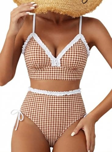 Herseas Women's Splice Ruffle Trim Bikini Sets V Neck Lace Up Side 2 Piece Swim Suits Swimsuits High Waisted Bathing Suits Teen Girls Gingham Retro Classic Beach Vacation Clothes Small - Image 1