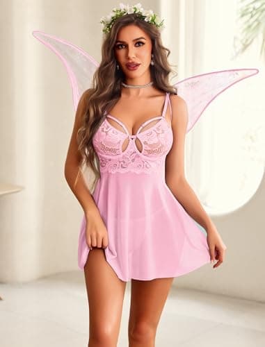 Avidlove Sexy Lingerie Chemise for Women V Neck Push Up Lingerie Set Sheer Lace Underwire Negligee Chemise Pink M - Thumbnail 5