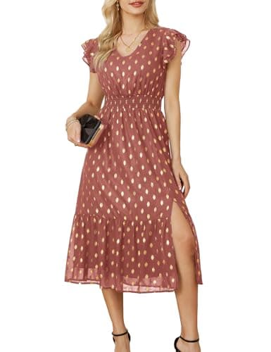 GRACE KARIN 2026 Womens Summer Dresses V Neck Ruffle Sleeve Floral Boho Beach A-Line Dress Light Brick Red-Gold Dots Small - Image 1