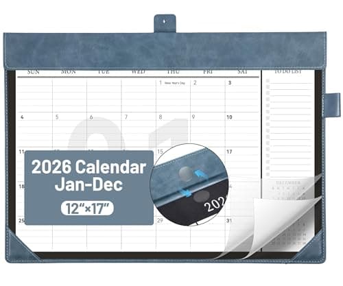 Bibiage Desk Calendar 2026 Jan to Dec with Plastic Cover, Large Desktop Calendar 12"x17" with to-do List, Wall Calendar Leather Hard Back, Large Ruled Block, Monthly Flip, Desk Decor, Office Supplies, Blue
