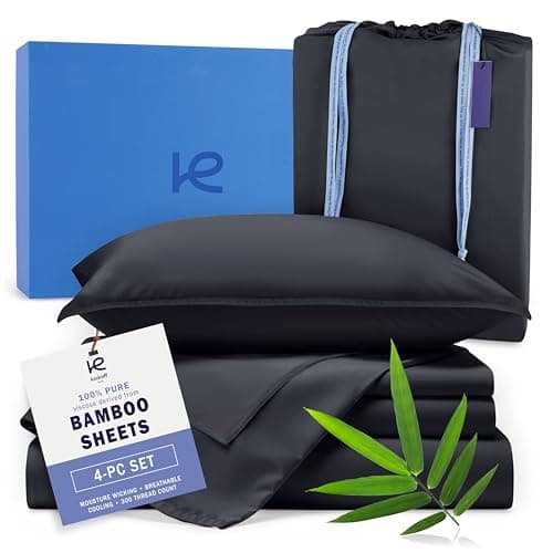 Kickoff Viscose Bamboo Sheets Queen Size 4-pc 100% Organic Bamboo Viscose Bed Cooling Sheets Queen Size Set Cool Bedding for hot Sleepers Sheet Set - Gift Ready Packaging (Black, Q)