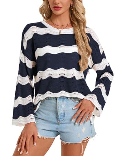 shermie Women's Long Bell Sleeve Scoop Neck Crochet Cover Up Loose Mesh Striped Top Navy - Image 1