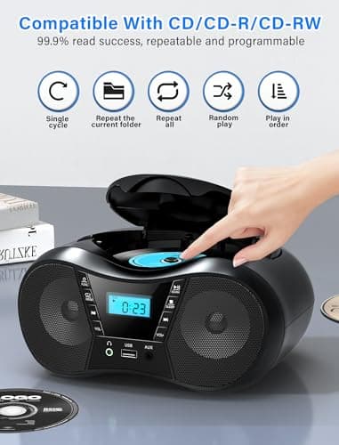 Greadio Boombox Portable CD Players for Home with Bluetooth, Boom Box CD Player FM Radio Combo, Stereo Sound, AC/Battery Powered, CD/CD-R/RW Compatible, Support AUX/USB/Headphone, Timer, Repeatable - Thumbnail 5