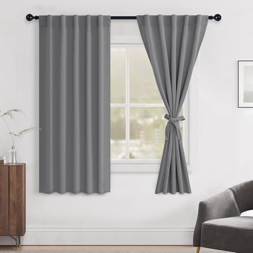 Hiasan Grey Curtains 63 inch Long Sewn with Tiebacks, Rod Pocket & Back Tab Gray Blackout Thermal Insulated Drapes, Room Darkening Curtains 2 Panels for Living Room Bedroom, 42 inch Wide - Image 1