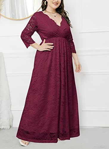 Eternatastic Womens Maxi Dress Evening Party 2/3 Sleeves Lace Long Dress XL Deep Red - Thumbnail 2