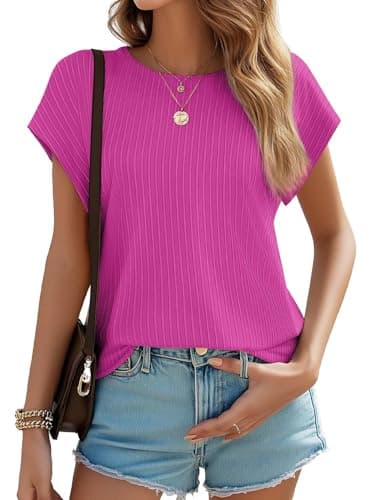 JUSTFASHIONNOW Womens Short Sleeve Blouses Business Casual Tops Crew Neck Basic Tees Textured Work Shirts Cute Office Outfits(Rose Red,M) - Image 1