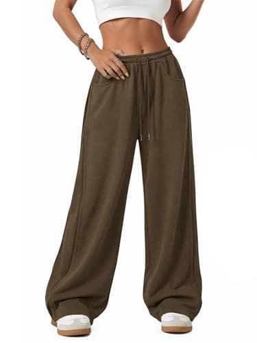 ATHMILE Wide Leg Sweatpants Women 2026 Straight Leg Pants Sweat Pants with Pockets Elastic Waist Lounge Casual Trousers Coffee - Image 1