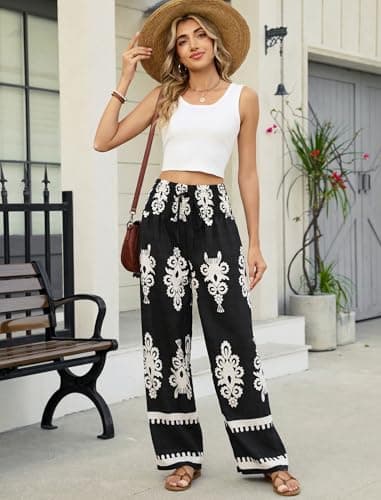 ZAFUL Boho Pants for Women Floral High Waisted Wide Leg Palazzo Pants Summer Trendy Casual Lounge Pants Women Vacation Black S - Thumbnail 4