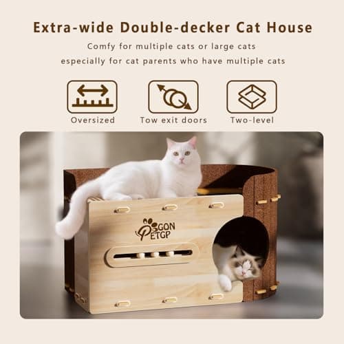 GONPETGP Large Cat Beds for Indoor Cats, Extra Wide Cat House Cave with Scratch Pad Wooden Play Ball, Foldable Felt Kittens Hideaway Condo for Multiple Small Pets - Thumbnail 4