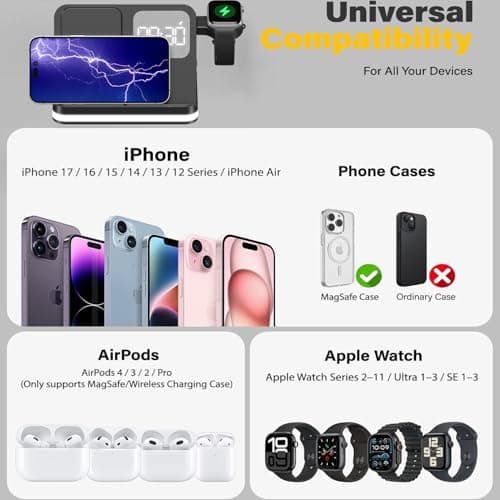 Wireless Charger, 4 in 1 Charging Station for Apple, Wireless iPhone Charging Stand for Bedrooms with Bedside Clock Night Light for iPhone 17 16 15 14 13 12 11 Pro Max, Watch and Airpods - Thumbnail 2