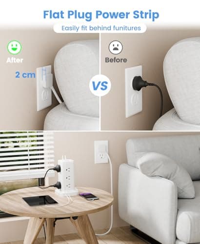 Tagzilo 15-in-1 Power Strip Tower with Surge Protector 1800J, Fast Charging Tower PD20W USB-C Ports with 12 AC Outlets, 15ft Extension Cord for Home Office Dorm Room, White - Thumbnail 4