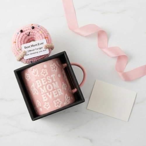 KyreDino Mothers Day Gifts, Best Mom Ever Gifts for Mom from Daughter, Pink Floral Embossed Pattern Mother's Day Mug and Handmade Donut Crochet Gifts Set - Thumbnail 6