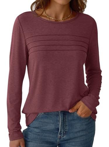 NORACORA Womens Long Sleeve Tops Spring Round Neck Dressy Shirts Tunic Pleated Tees Business Casual T-Shirts Fall Goning Out Outfits Wine Red L - Thumbnail 3