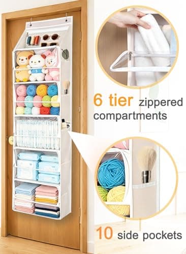 Over Door Organizer Stuffed Animal Storage, Zipper Closure Behind Door Hanging Toy/Plush Organizer , Clear Window Bathroom/Bedroom/Closet Holder Bag for Nursery Purse/Handbag, 1Pack, 5 Tier，Beige - Thumbnail 4