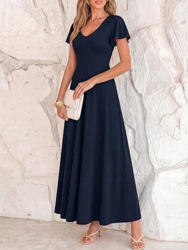 BTFBM Formal Dresses for Women Summer Outfits V Neck Ruffle Sleeve A Line Maxi Elegant Cocktail Wedding Guest Dress 2026(Navy, Large) - Thumbnail 5