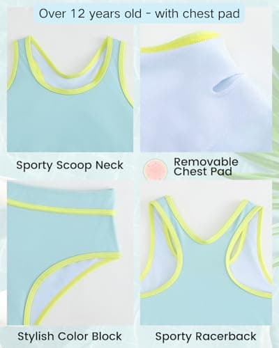 JiAmy Girls 3 Piece Swimsuit Color Block Bikini Sets Sporty Racerback Beach Bathing Suit with Cover Up Skirt Light Blue 15-16Y - Thumbnail 4