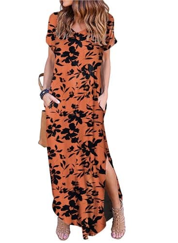 Camdoria Hawaiian Tropical Maxi Dresses for Women Luau Long Summer Dress with Pockets Short Sleeves Loose Floral Print Cruises Beach Outfit Medium - Image 1