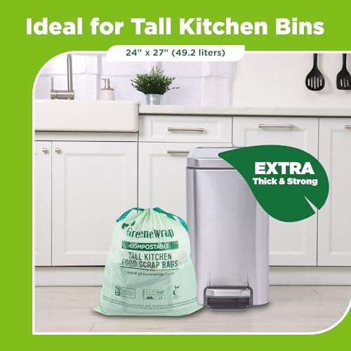 GreeneWrap 13 Gallon Compostable Trash Bags Liner with Drawstring, Heavy Duty Extra Thick 1 Mil, 49.21 Liter, 30 Bags, Tall Kitchen Food Scrap Waste Bag, BPI and OK Compost Home Certified, ASTM D6400 - Thumbnail 6
