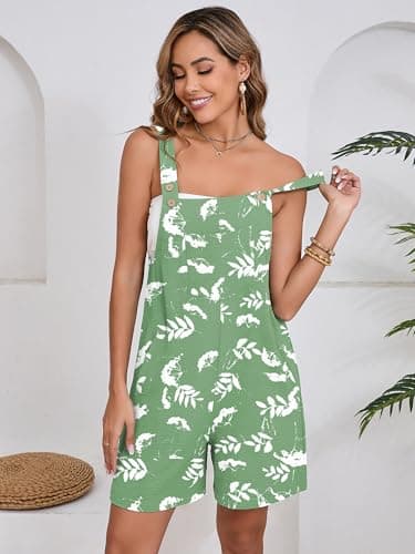 Moodclo Womens Romper White Flower Green 2X-Large Casual Loose Sleeveless 2026 Summer One Piece Outfit Short Jumpsuit Overall Outfits & Pockets - Thumbnail 3