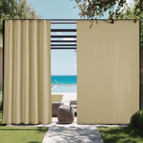 NICETOWN Canvas Outdoor Curtains for Gazebo 2 Panels, Buff, W52 x L84 per Panel - Waterproof & Windproof Sun Shades with Peel/Stick Top & Back Tab Bottom, Free Rope and 2 Tiebacks Included - Image 1
