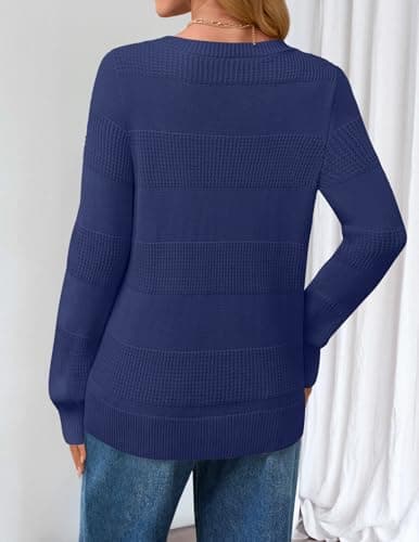 MEROKEETY Women's 2025 Fall Long Sleeve Sweaters Tops Casual Crochet V Neck Loose Pullover Knit Shirts, Navy, Medium - Thumbnail 3