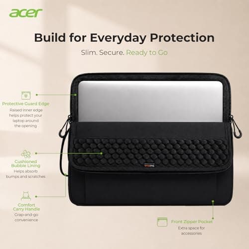 Acer Laptop Sleeve Case for 13.3-14 inch Laptops, Slim Protective Computer Sleeve with Hidden Zipper Pocket, Soft Plush Bubble Padding, Side Handle and Luggage Strap, Travel Laptop Bag, Black - Thumbnail 4