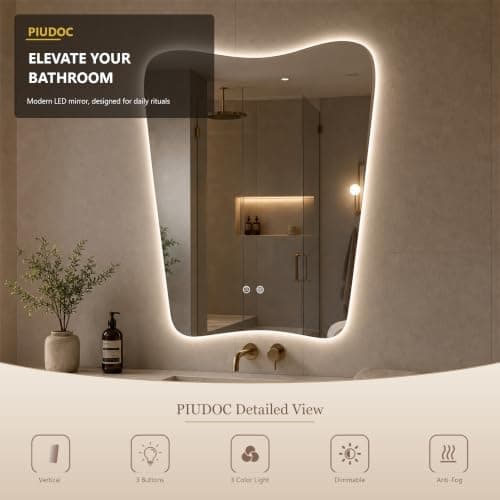 Irregular Led Bathroom Mirror with Lights 22x30 Inch, Backlit Asymmetrical Led Bathroom Mirror for Wall, Lighted Vanity Mirror with Lights, Anti-Fog, Dimmable 3 Colors, Shatter-Resistant - Thumbnail 6