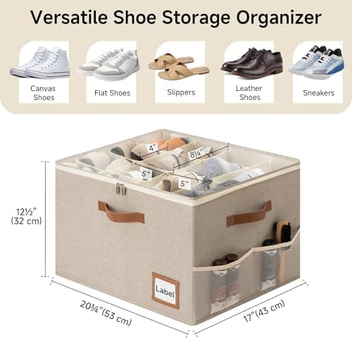 StorageWorks Shoe Organizer for Closet, 2 Pack Shoe Storage Boxes with Clear Lid, Stackable Shoe Storage Organizer for Sandals and Slippers, Fabric Shoe Bins for Closet, Holds 16–32 Pairs, Taupe - Thumbnail 2