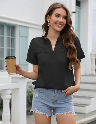 Aprolive Womens Dressy Casual Tops V Neck Ruffle Short Sleeve Blouses for Women 2026 Summer Boho Flowy Swiss Dot Shirts (A Black, S) - Thumbnail 4