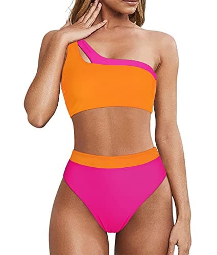 MOOSLOVER Women Cutout One Shoulder High Waisted Bikini High Cut Two Piece Swimsuits(M,Rose Orange) - Image 1