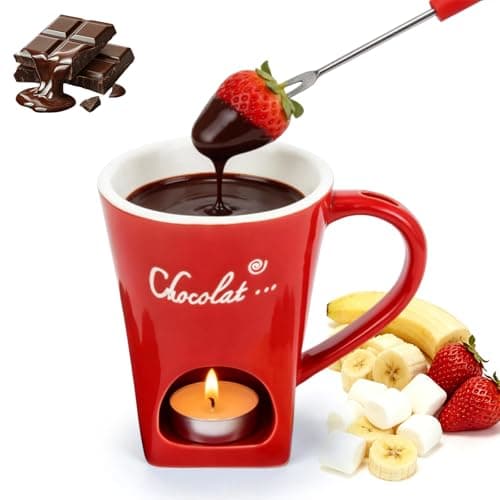 Chocolate Fondue Mug with Fork Sweet Ceramic Personal Chocolate Melting Cup Chocolate Fondue Mug Ideal Gifts for Birthday Date Night Birthday Wedding Gifts (Red)