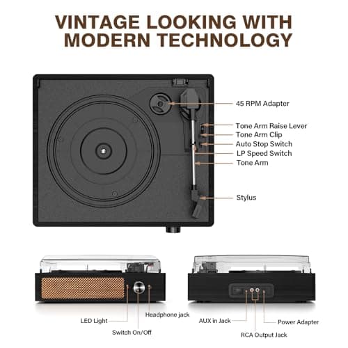 Record Player for Vinyl with 2 Build-in Speakers LP Vinyl Players Belt-Driven Vintage Turntables 3 Speed 3 Size, Wireless Bluetooth Playback, AUX-in, RCA Out, Headphone, Auto Stop Black Wood - Thumbnail 2