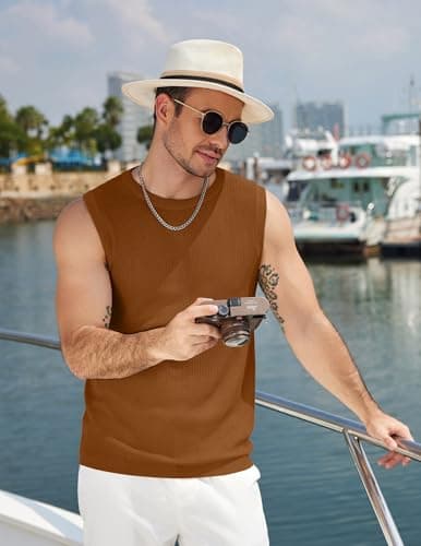 COOFANDY Mens Casual Knit Tank Tops Lightweight Sleeveless Tshirts Beach Tank Shirts Brown - Thumbnail 4