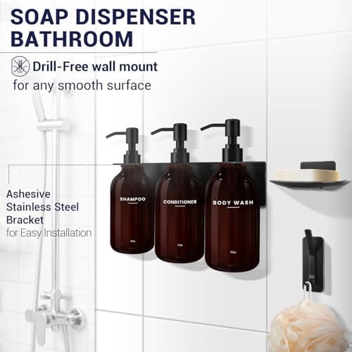 KLL Shampoo and Conditioner Dispenser - Wall Mounted Shower Soap Dispenser - 17oz No-Drill Refillable Plastic Pump Bottles for Bathroom - Includes Soap Dish & Hook (Brown) - Thumbnail 2