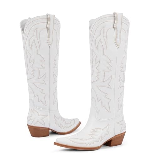 VIUGJNEX Womens Cowboy Boots Embroidered Chunky Heel White Cowgirl Boots Pull on Pointed Toe Knee High Boot Women Wide Calf Low Heel Western Boot Women Size 7 - Thumbnail 5